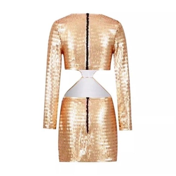 Women Sequin Mini Dress Cut Out Large Gold/Yellow V-Neck Long Sleeve Zipper Back - Picture 4 of 14